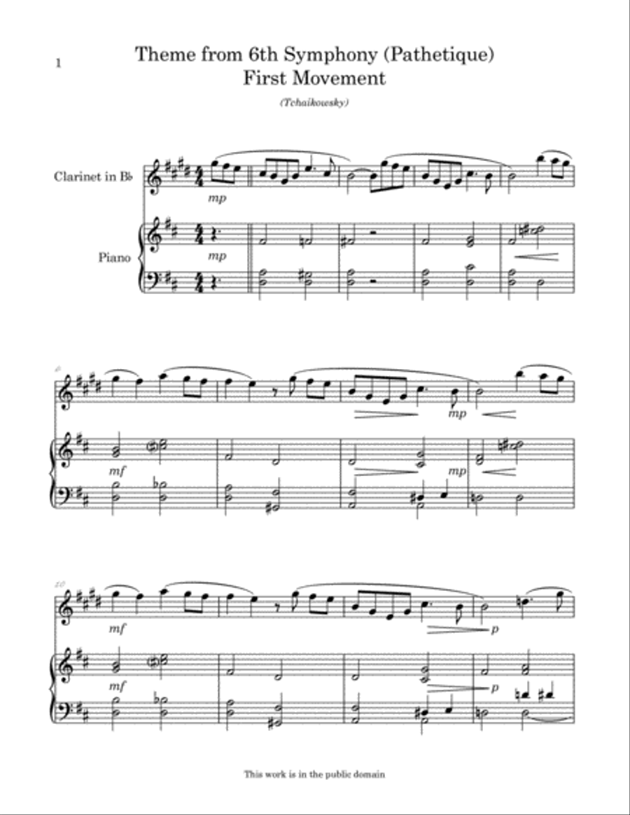 Theme from 1st Movement of Tchaikovsky's 6th Symphony (Pathetique) arranged for Bb Clarinet and Pian B-Flat Clarinet scores gallery preview page 2