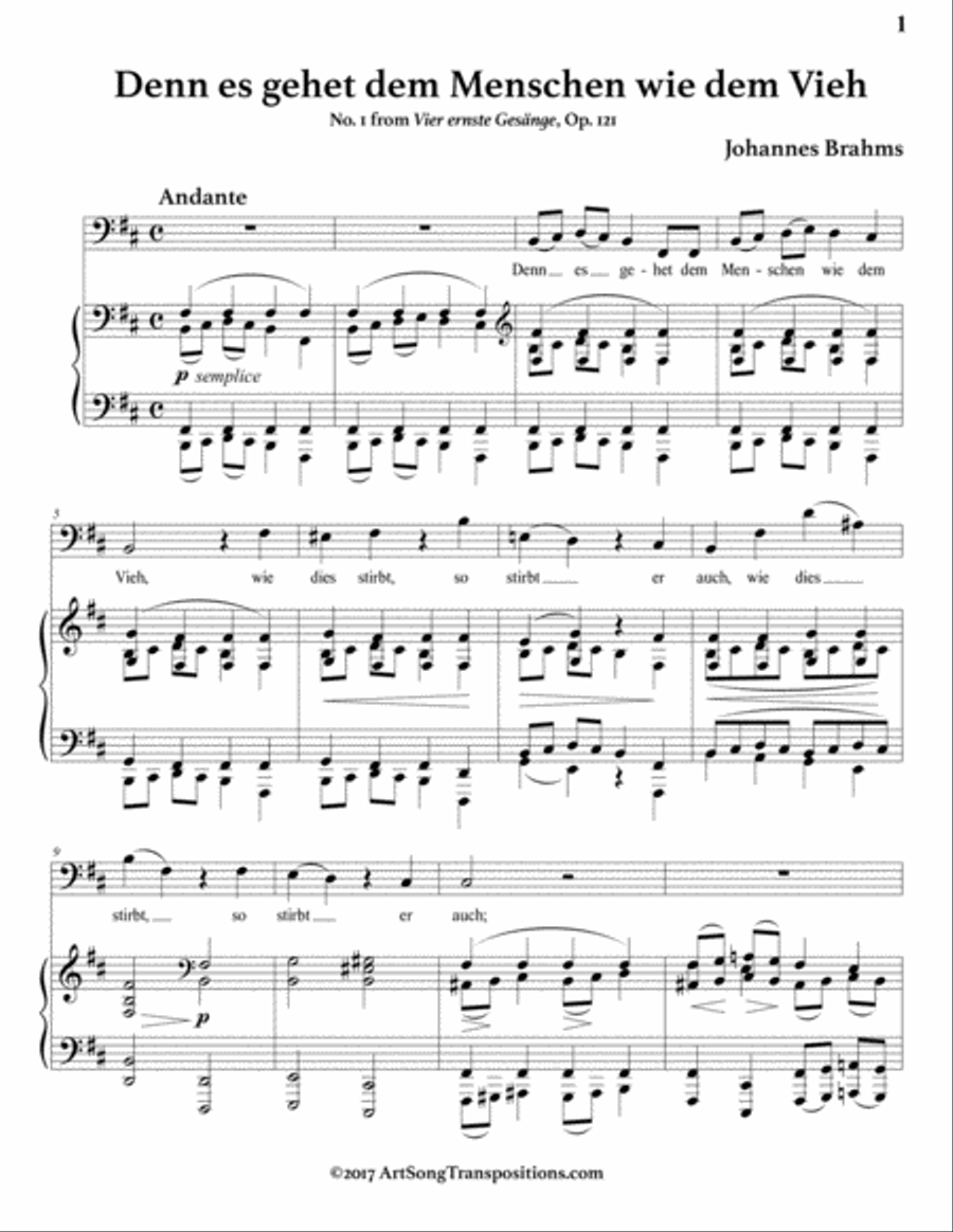Denn es gehet dem Menschen wie dem Vieh, Op. 121 no. 1 (B minor, bass clef)