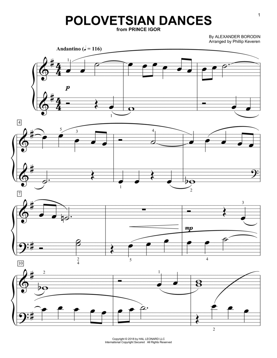 Polovetsian Dances (arr. Phillip Keveren) Easy Piano scores gallery preview page 1