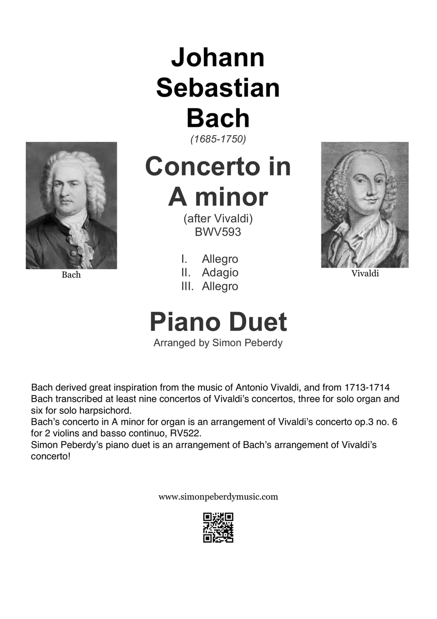 Bach Organ Concerto II in A minor (after Vivaldi 2 violin concerto) Arranged for Piano Duet (complet Violin Solo scores gallery preview page 3