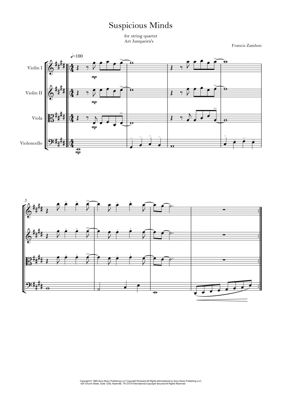 Suspicious Minds String Quartet scores gallery preview page 1