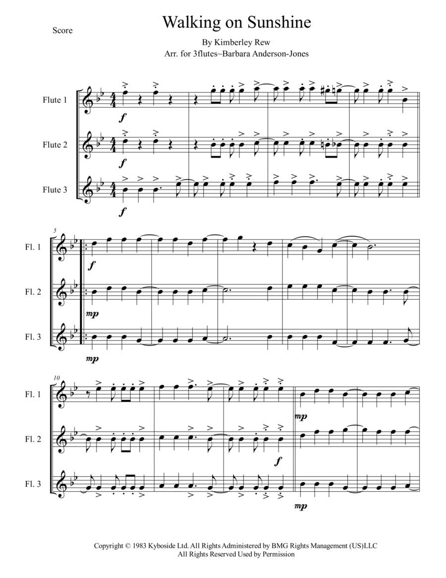 Walking On Sunshine - Score Only Woodwind Trio scores gallery preview page 1