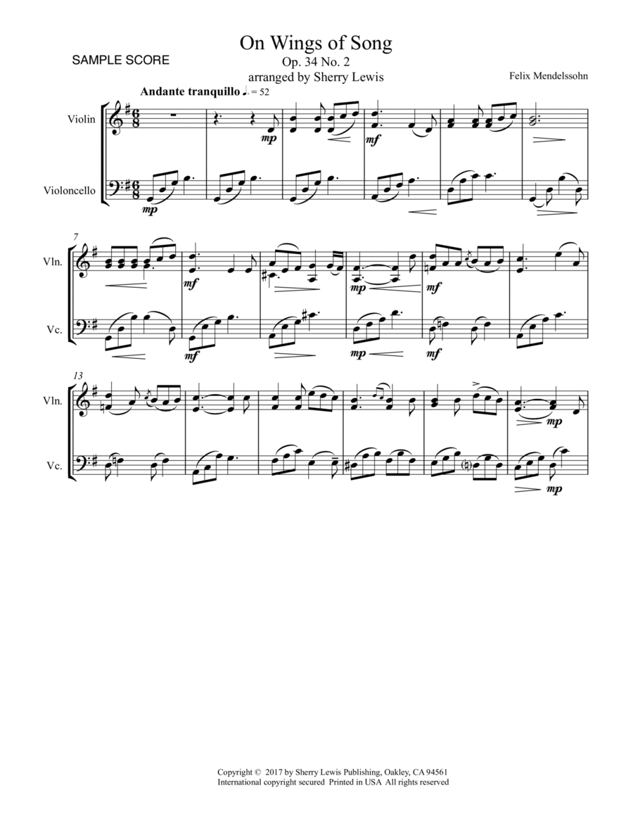 ON WINGS OF SONG - String Duo, Intermediate Level for violin and cello String Duet scores gallery preview page 1