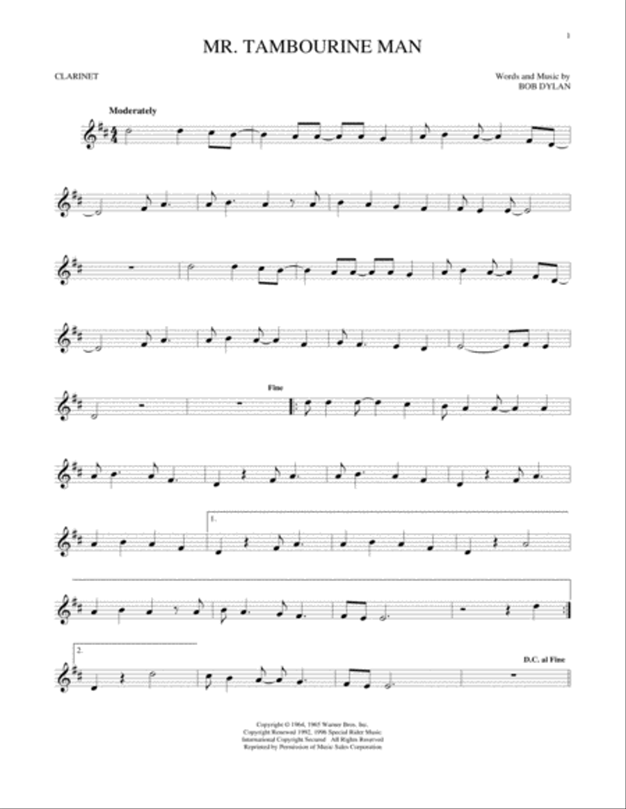 Mr. Tambourine Man Clarinet Solo scores gallery preview page 1