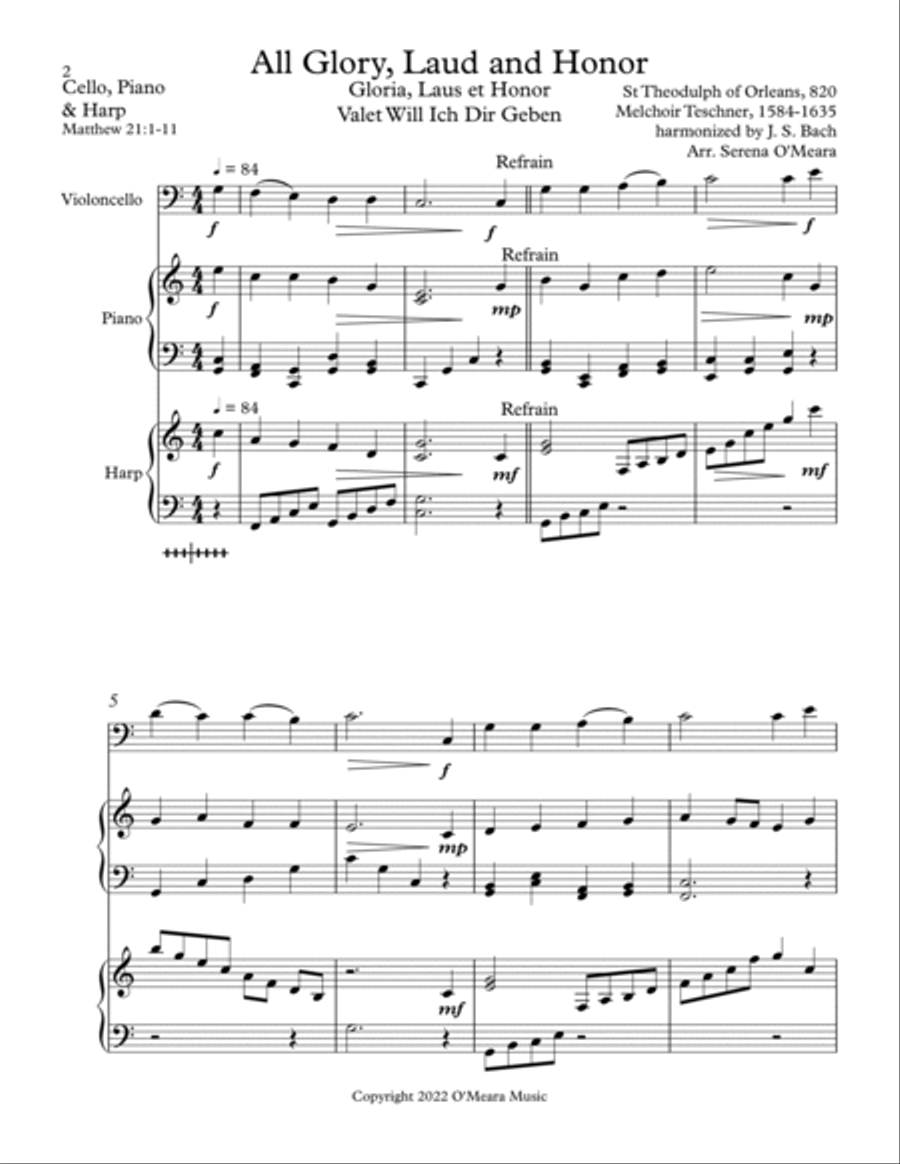 All Glory, Laud and Honor Trio for Cello, Harp and Piano Cello scores gallery preview page 2