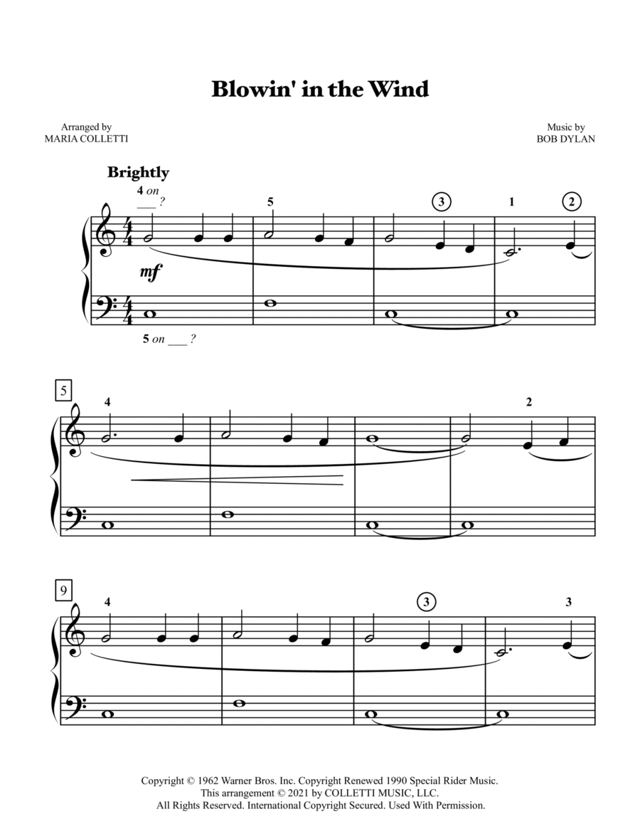 Blowin' In The Wind Easy Piano scores gallery preview page 1