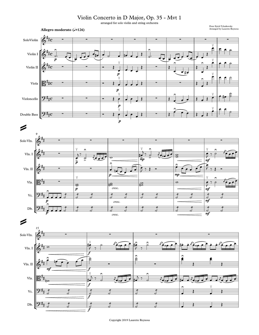 Tchaikovsky Violin Concerto - 1st Movement - Solo Violin and String Orchestra String Orchestra scores gallery preview page 1