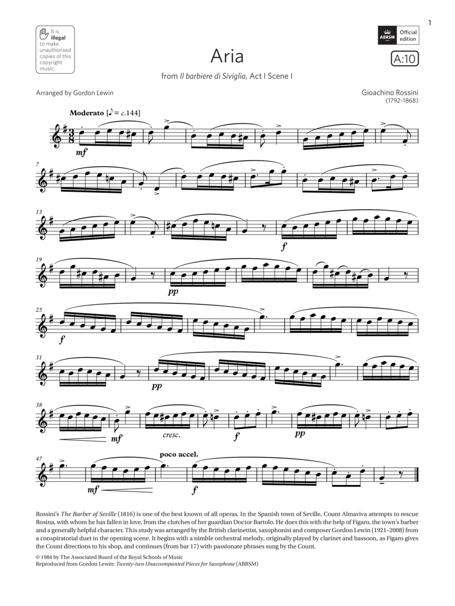Aria (from Il barbiere di Siviglia) (Grade 5 List A10 from the ABRSM Saxophone syllabus from 2022) Saxophone Solo scores gallery preview page 1