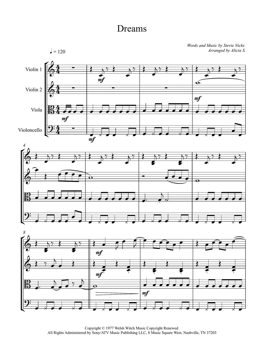 Dreams Dreams String Quartet scores gallery preview page 1