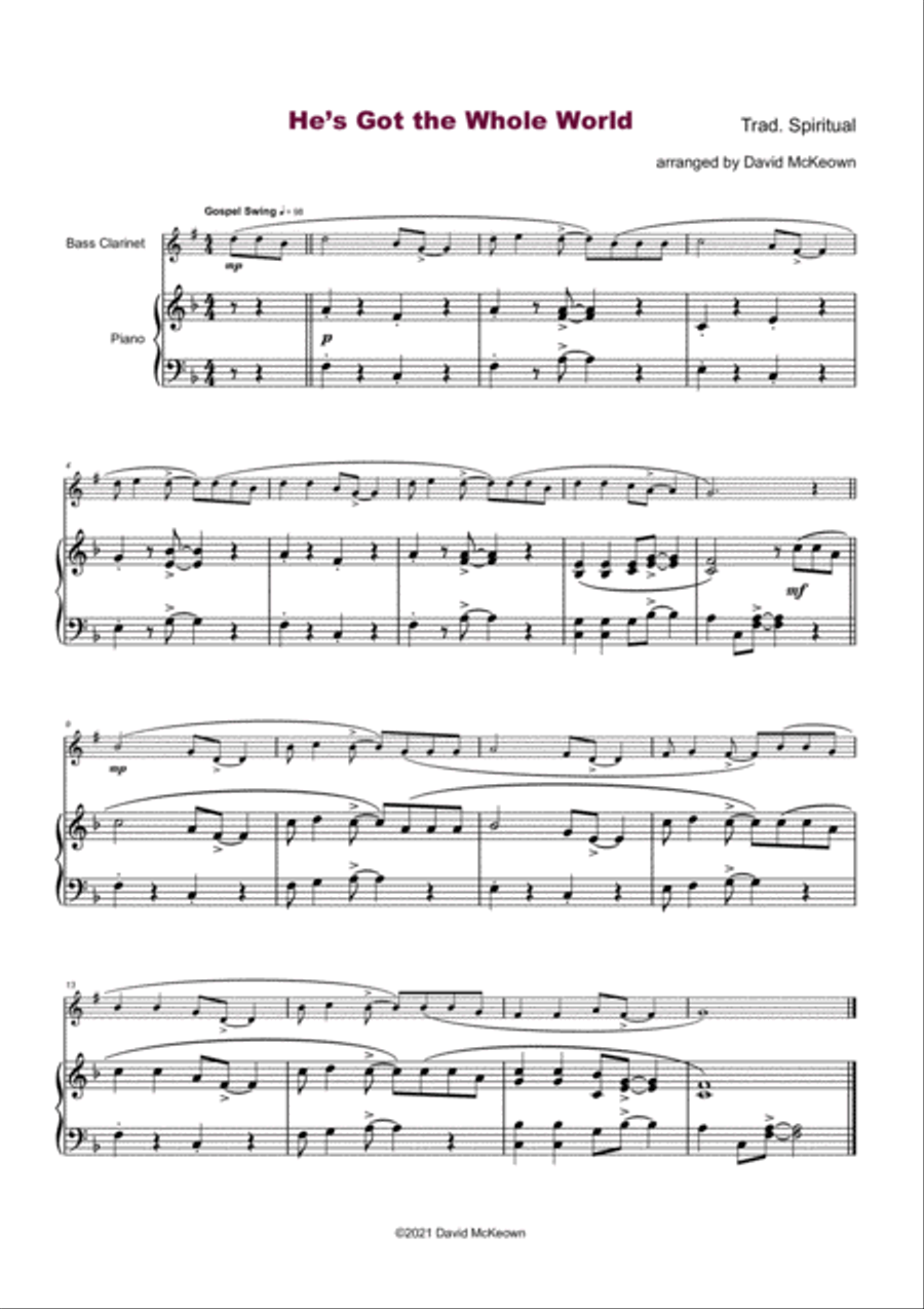 He's Got the Whole World in His Hands, Gospel Song for Bass Clarinet and Piano Small Ensemble scores gallery preview page 2