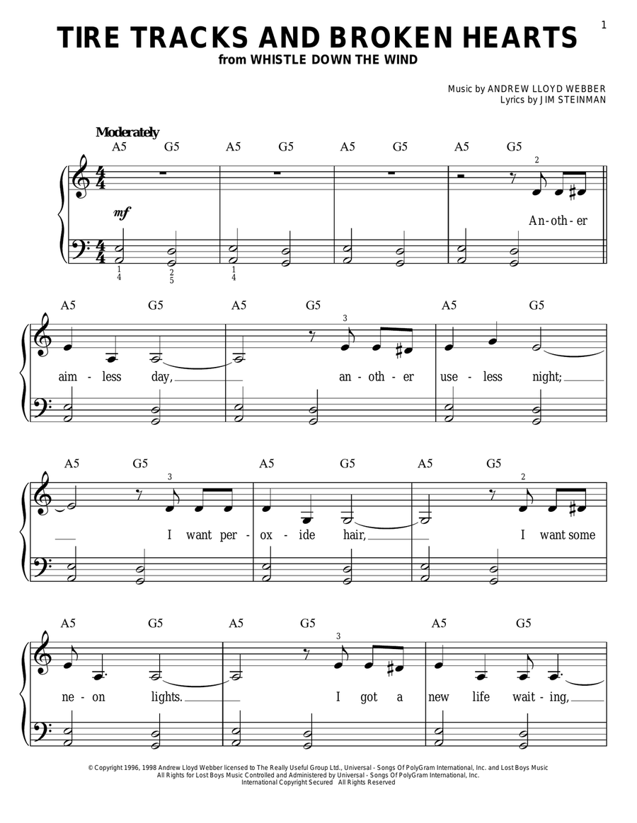 Tire Tracks And Broken Hearts Easy Piano scores gallery preview page 1