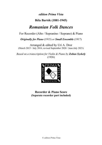 Bela Bartok, 6 Romanian Dances for Recorder & Piano