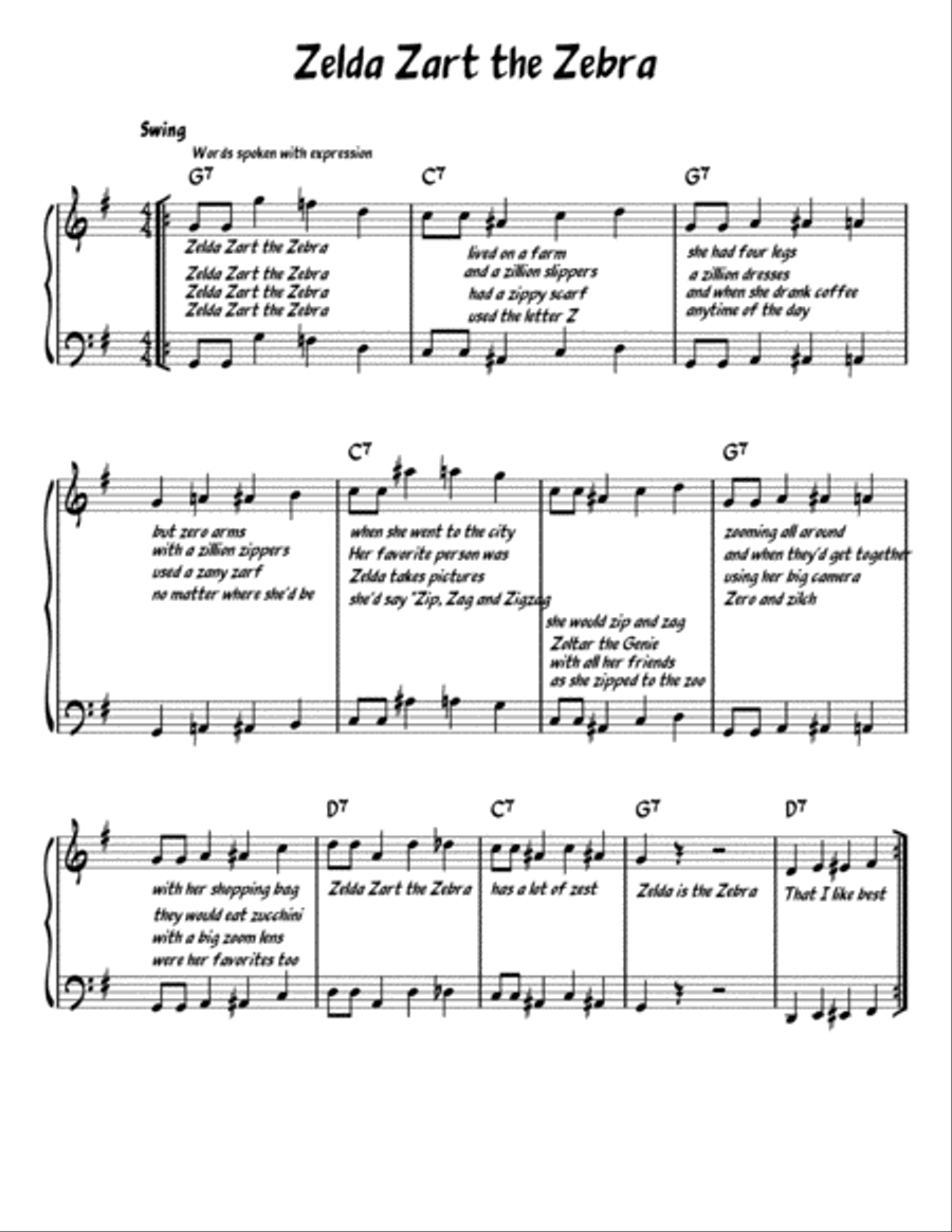 Zelda Zart the Zebra - Piano/Vocal/Guitar Piano, Vocal, Guitar scores gallery preview page 1