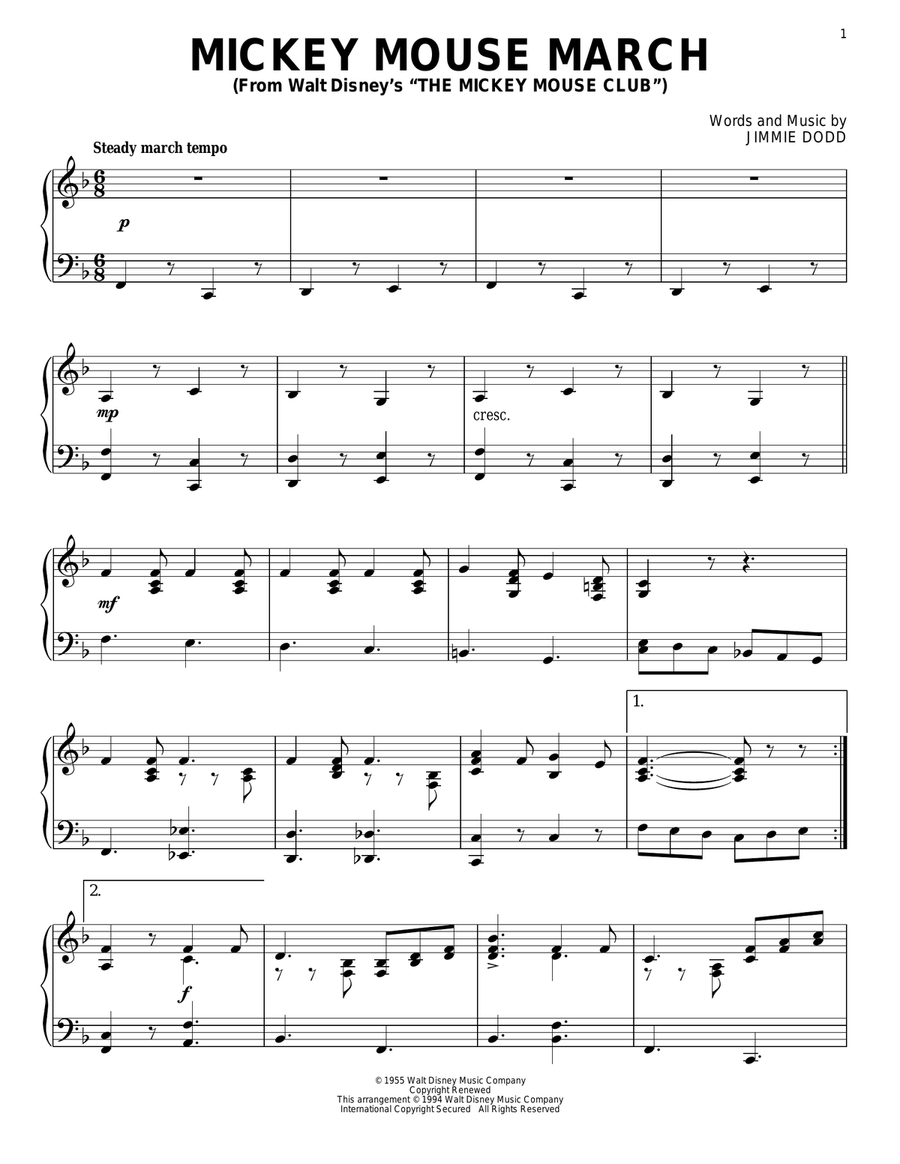 Mickey Mouse March (from The Mickey Mouse Club) Piano Solo scores gallery preview page 1