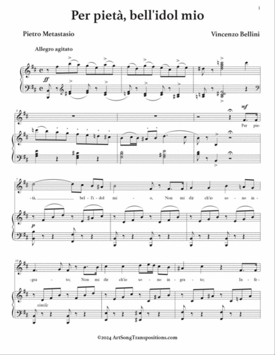 BELLINI: Per pietà bell'idol mio (transposed to B minor) Voice scores gallery preview page 2