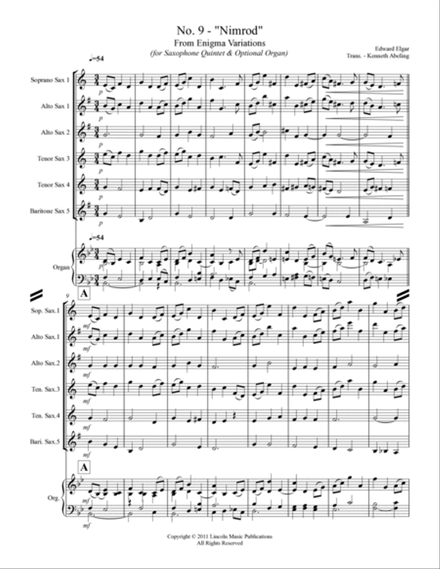 Elgar - Nimrod from Enigma Variations (for Saxophone Quintet SATTB or AATTB) Saxophone Quintet scores gallery preview page 2