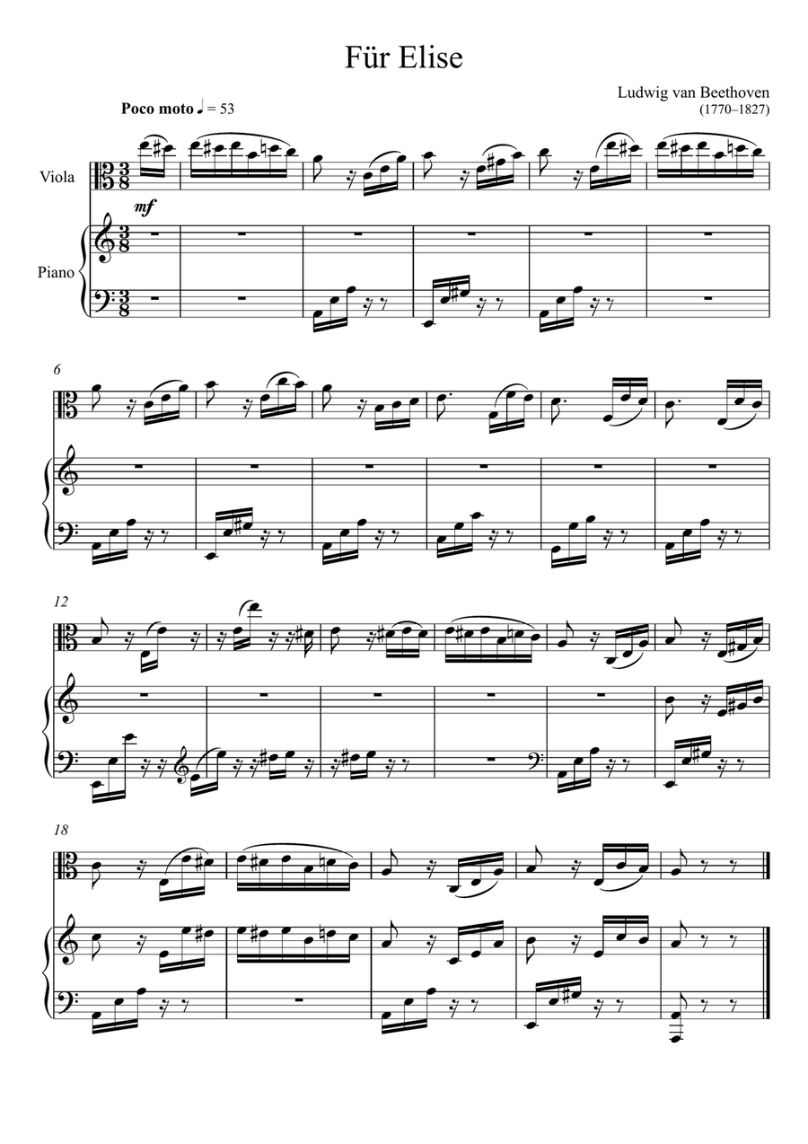 Beethoven - Für Elise (Viola Solo) Easy Version String Duet scores gallery preview page 1