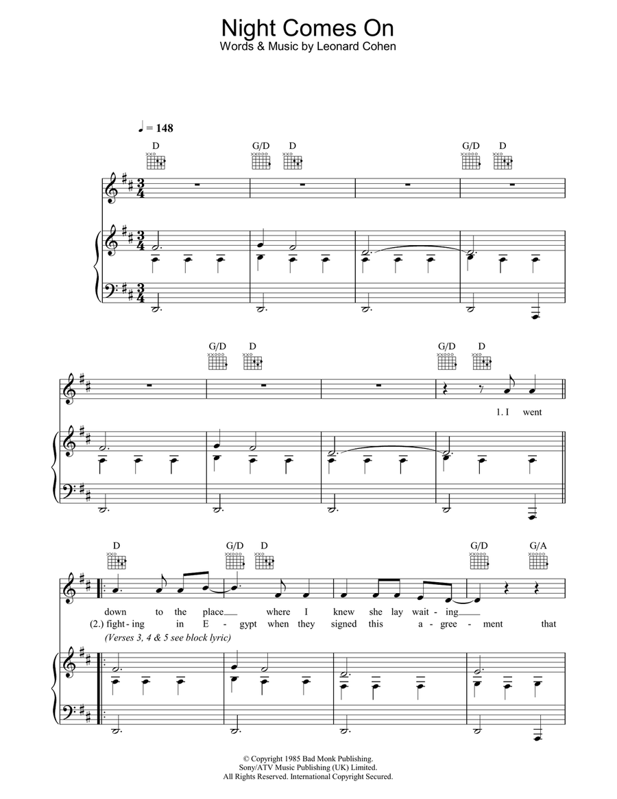 Night Comes On Piano, Vocal, Guitar scores gallery preview page 1
