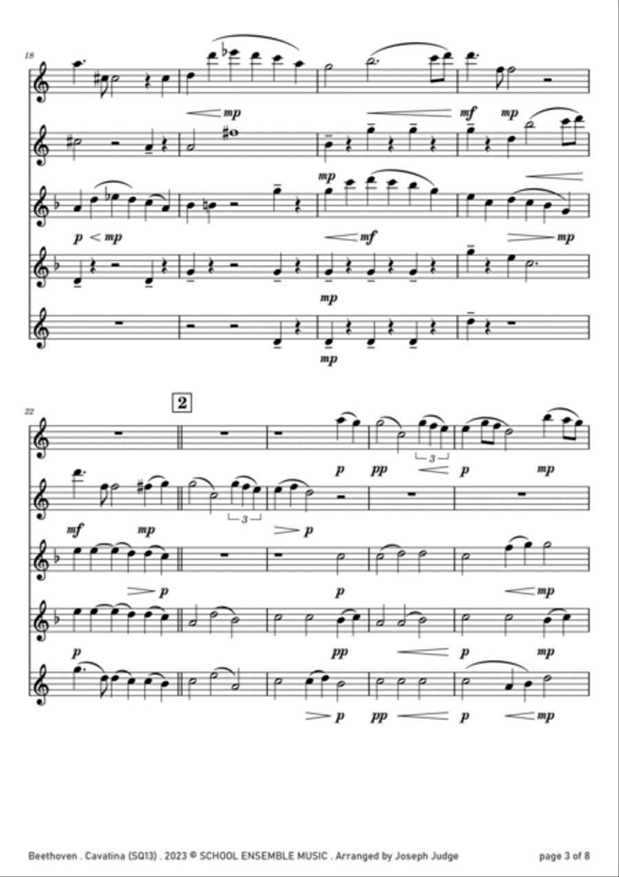 Cavatina by Beethoven for Saxophone Quintet in Schools Saxophone Quintet scores gallery preview page 3