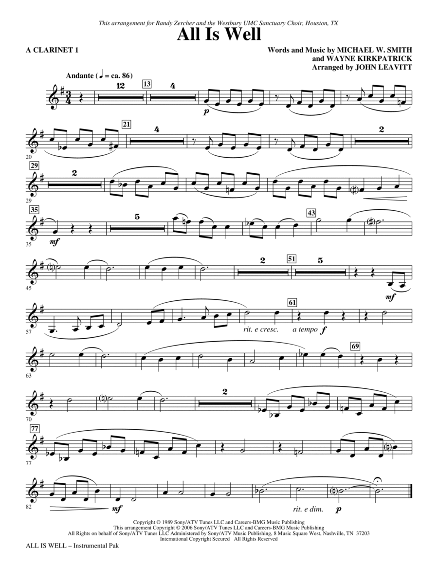 All Is Well - A Clarinet 1 Choir scores gallery preview page 1