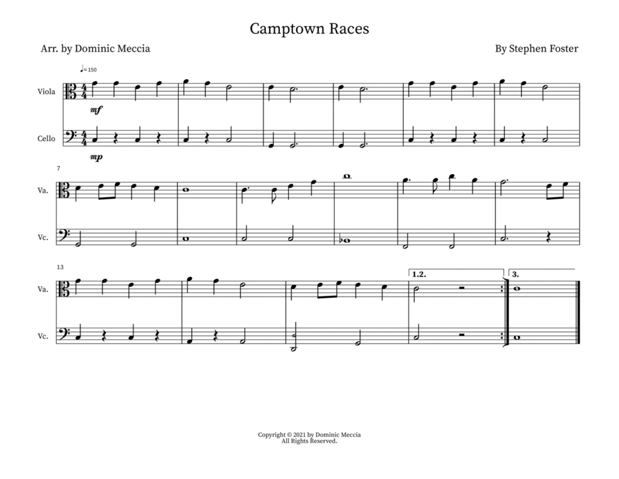 Camptown Races- Viola and Cello Duet String Duet scores gallery preview page 1
