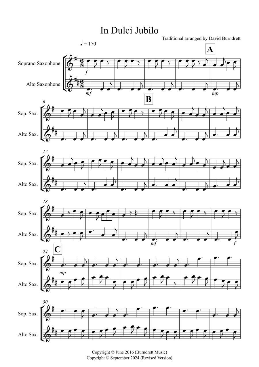Book cover for In Dulci Jubilo for Soprano Saxophone and Alto Saxophone Duet