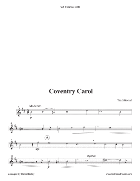 Coventry Carol for Woodwind Trio or Clarinet Trio