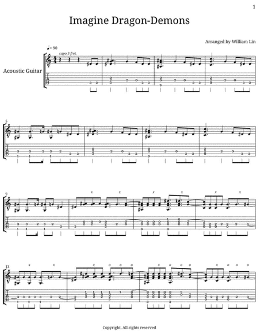 Demons Guitar Tablature scores gallery preview page 1