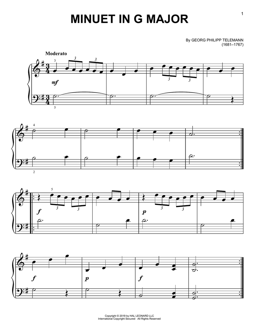 Minuet In G Major Easy Piano scores gallery preview page 1