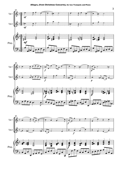 Christmas Concerto, Allegro, by Corelli; for Trumpet Duet or Solo, with optional Piano