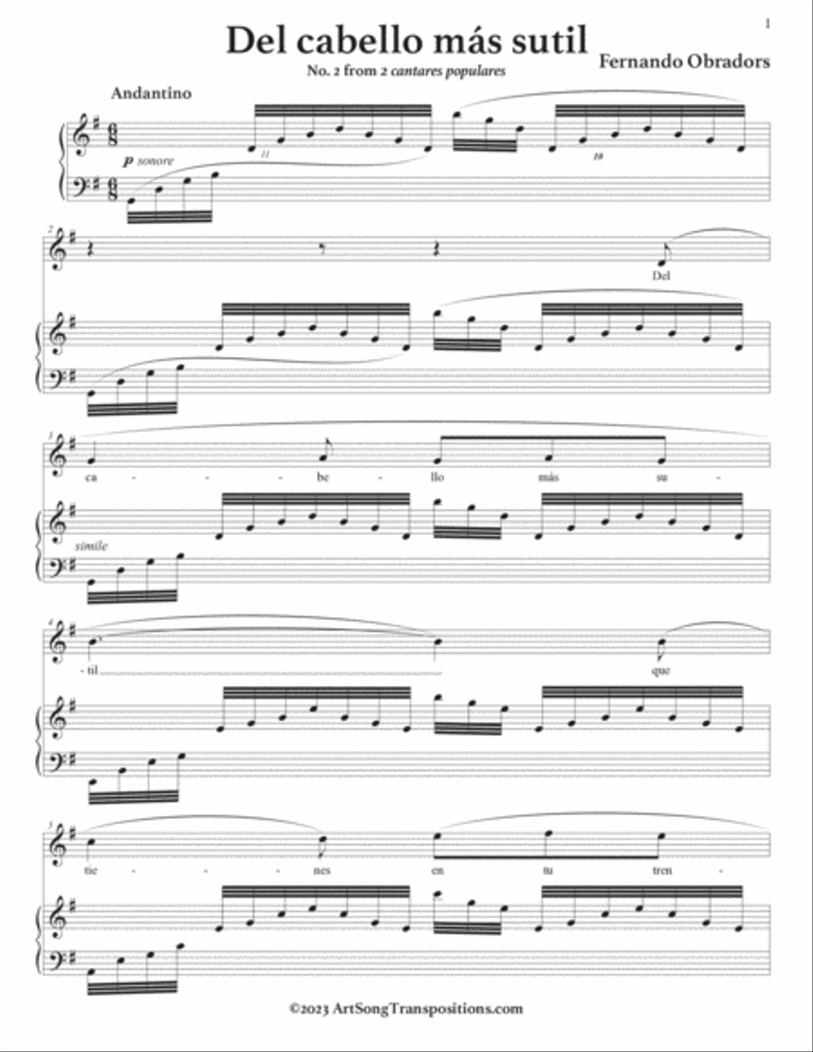 OBRADORS: Del cabello más sutil (transposed to G major) Voice scores gallery preview page 2