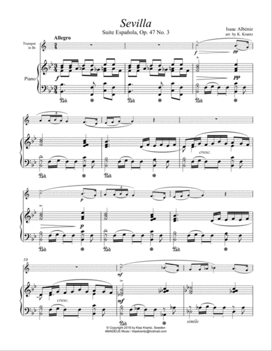Sevilla Op. 47 No. 3 for trumpet and piano Trumpet Solo scores gallery preview page 2