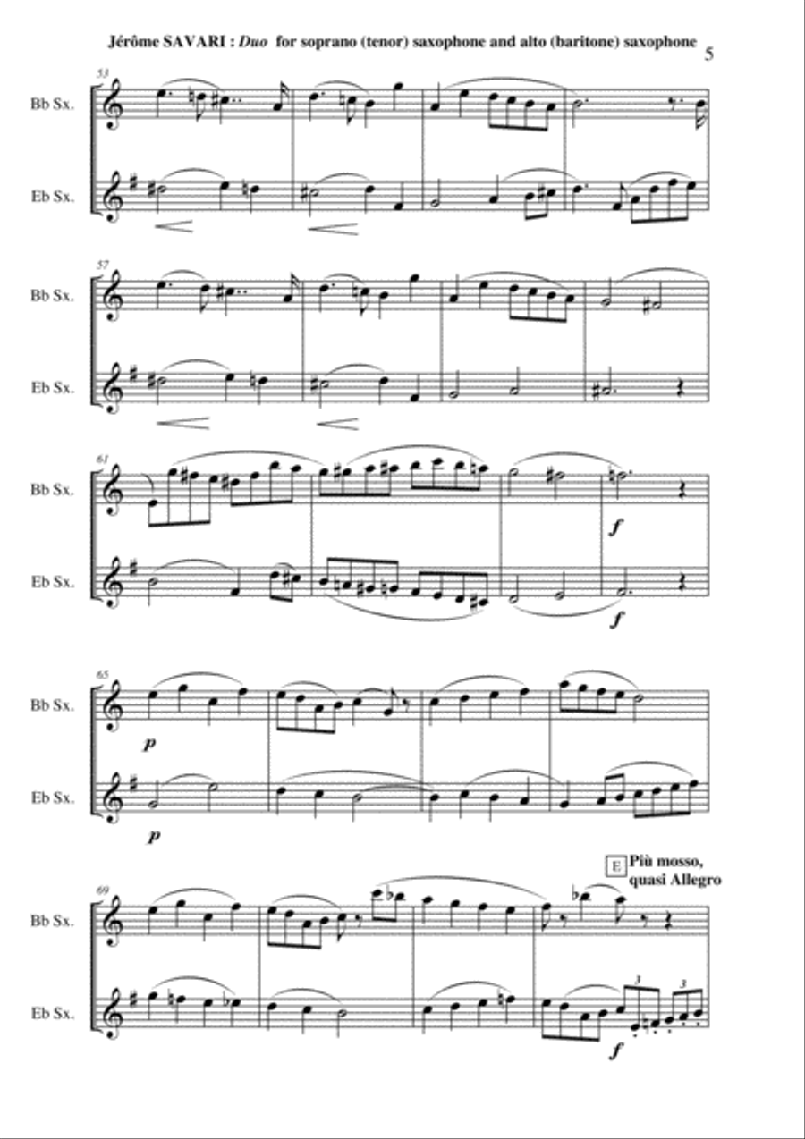 Jérôme SAVARI Duo for soprano saxophone and alto saxophone (or tenor saxophone and baritone saxophon Woodwind Duet scores gallery preview page 5