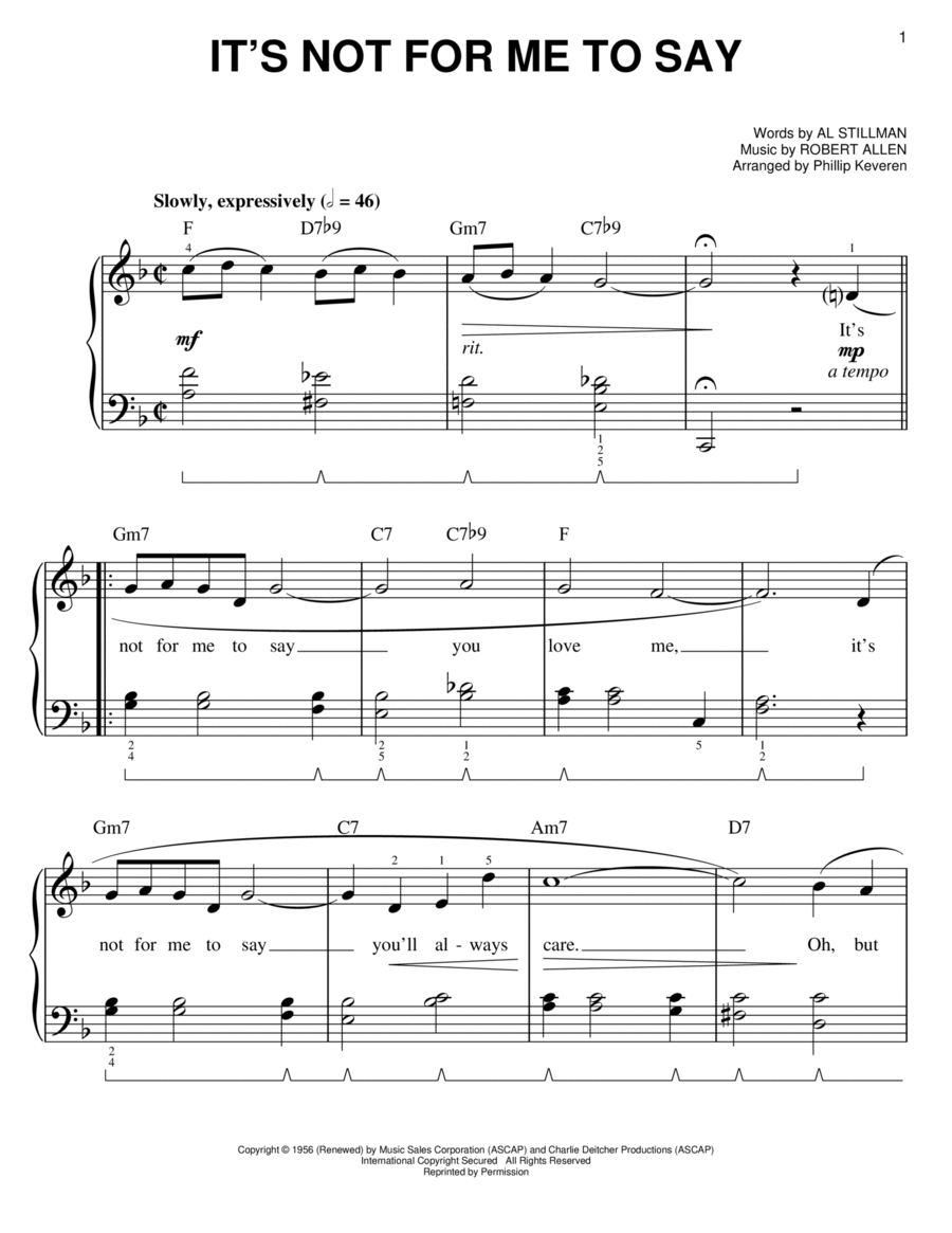 It's Not For Me To Say (arr. Phillip Keveren) Easy Piano scores gallery preview page 1