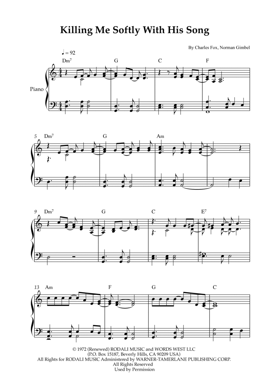 Killing Me Softly With His Song Easy Piano scores gallery preview page 1