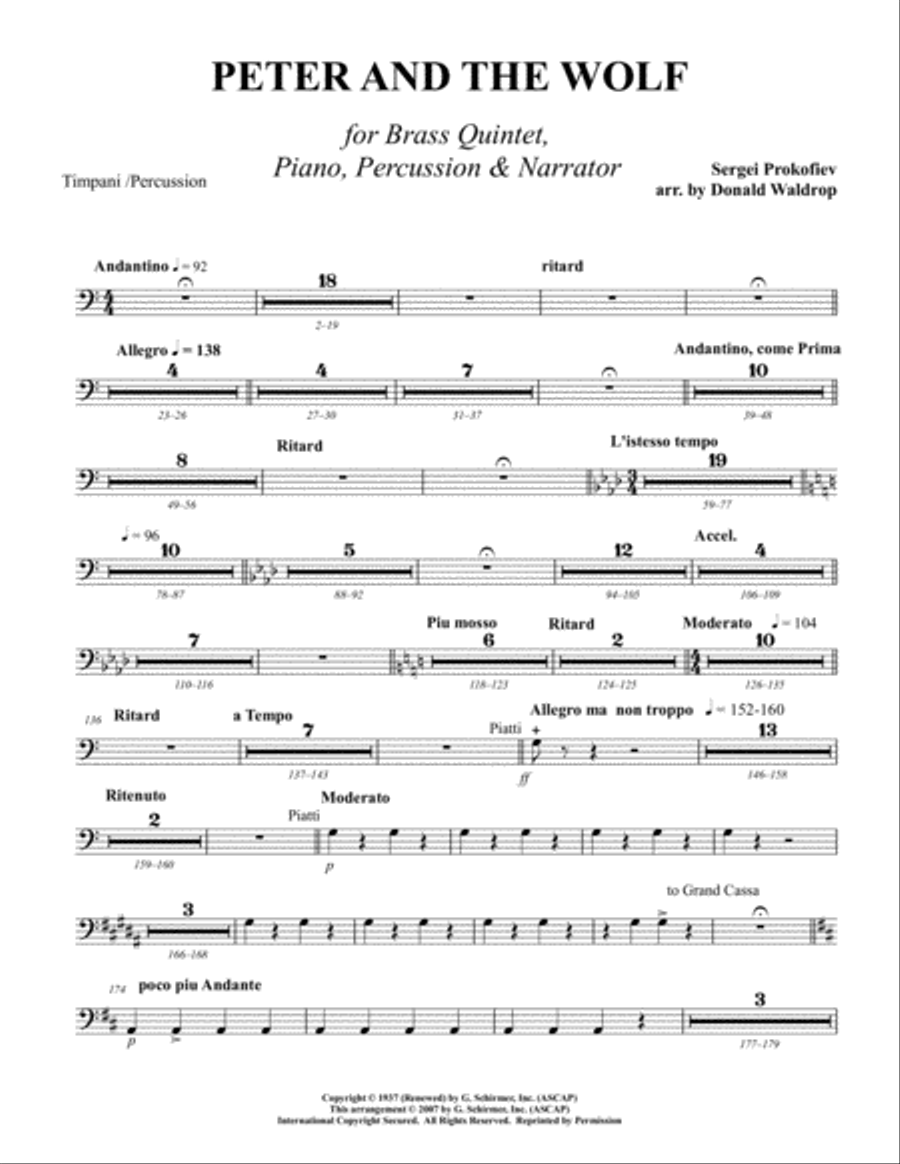 Peter and the Wolf for Brass Quintet, Piano, Percussion and Narrator Piano scores gallery preview page 10