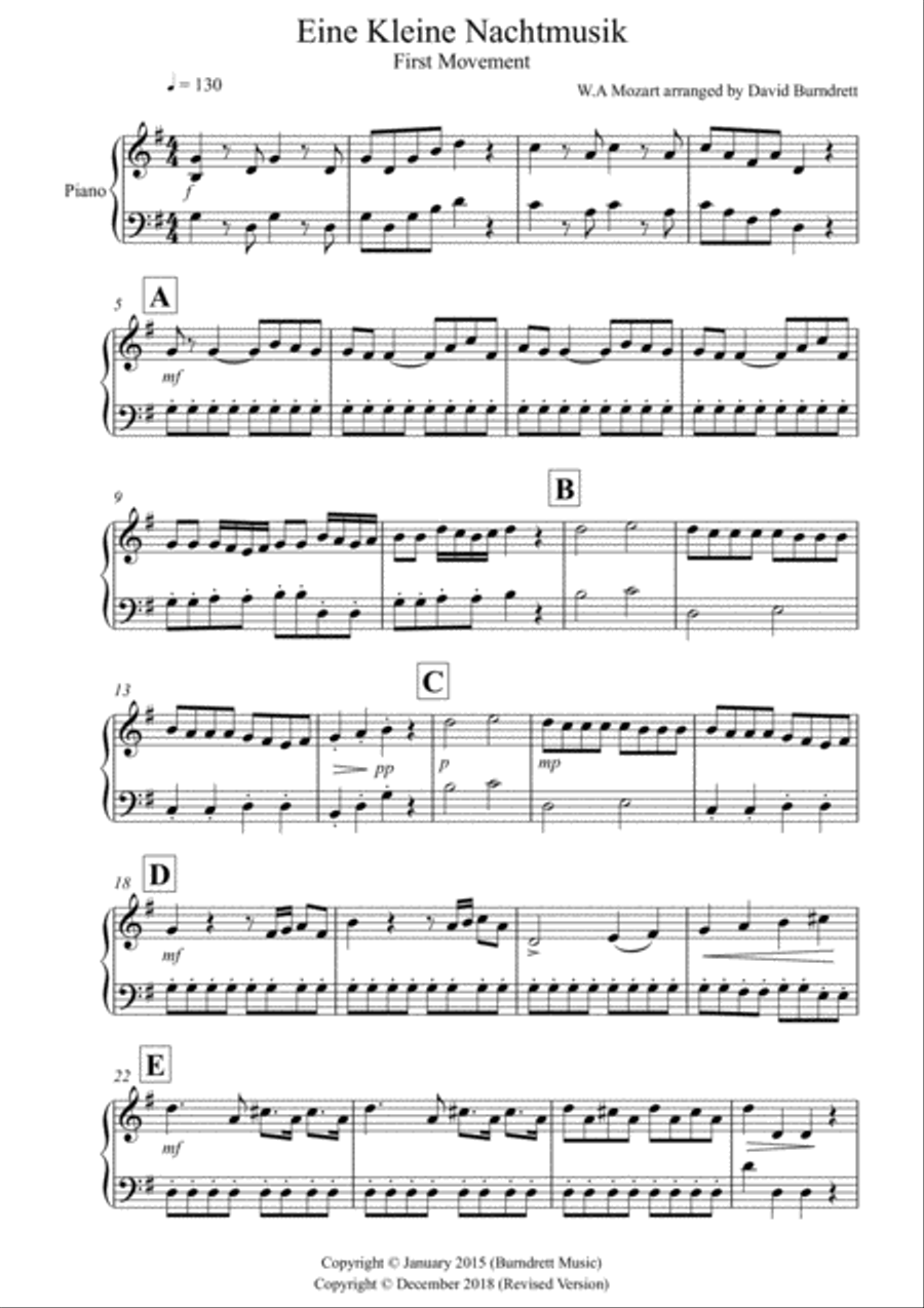 Eine Kleine Nachtmusik (1st movement) for Piano Solo Easy Piano scores gallery preview page 1
