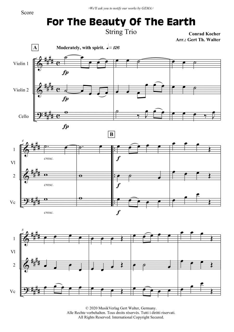 For The Beauty Of The Earth String Trio scores gallery preview page 1