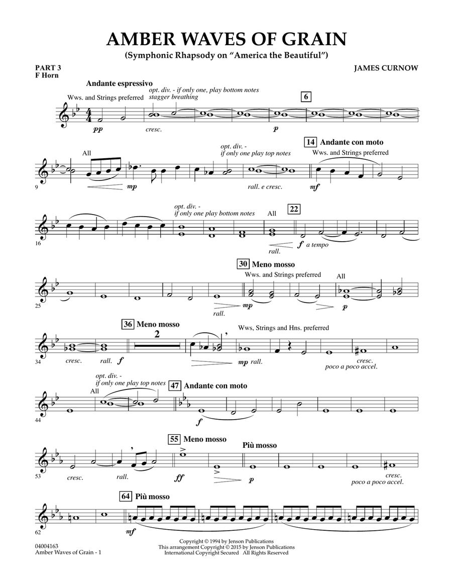 Amber Waves of Grain - Pt.3 - F Horn Concert Band scores gallery preview page 1