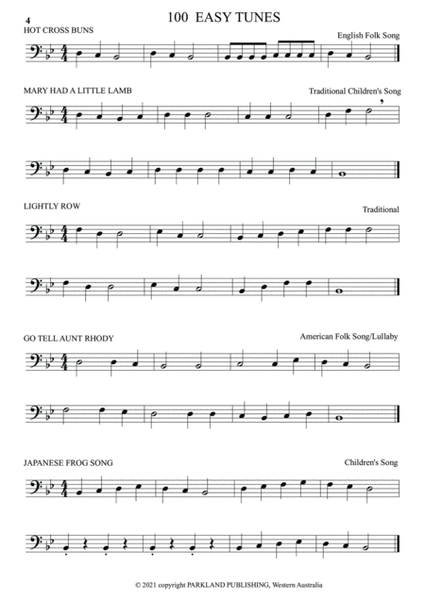 A LEARN TO PLAY. 100 EASY TUNES & 10 DUETS. Beginner DOUBLE BASS and BASS GUITAR in BASS CLEF.