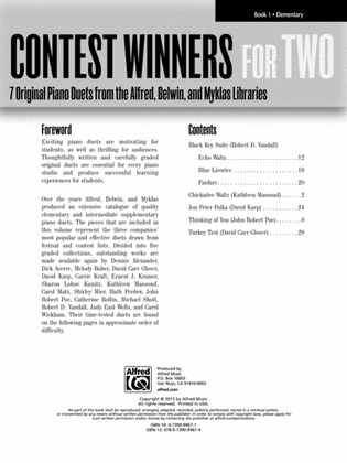 Book cover for Contest Winners for Two, Book 1: 7 Original Piano Duets from the Alfred, Belwin, and Myklas Libraries