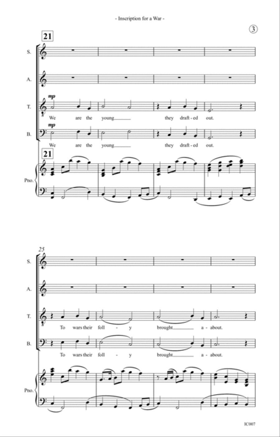 Inscription for a War - for SATB Choir & Piano image number null