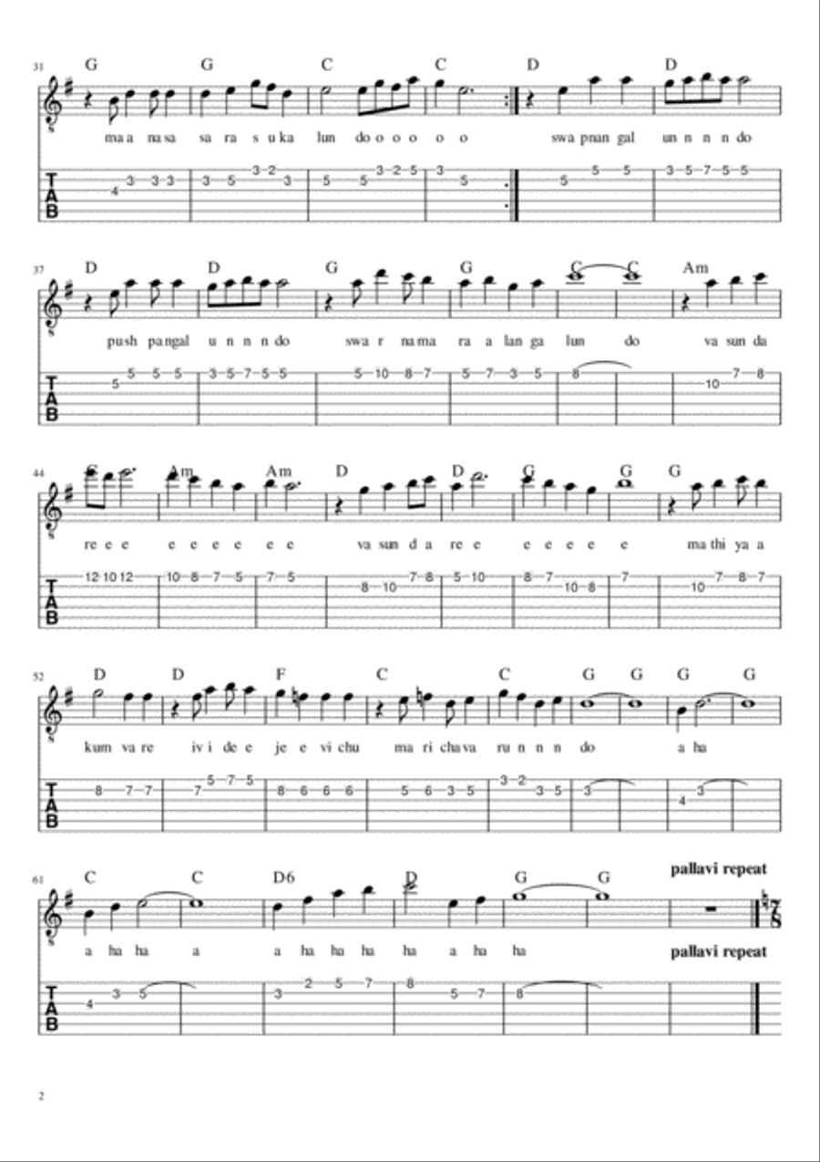 Old Malayalam songs sheet music with tabs,chords and lyrics Small Ensemble scores gallery preview page 2