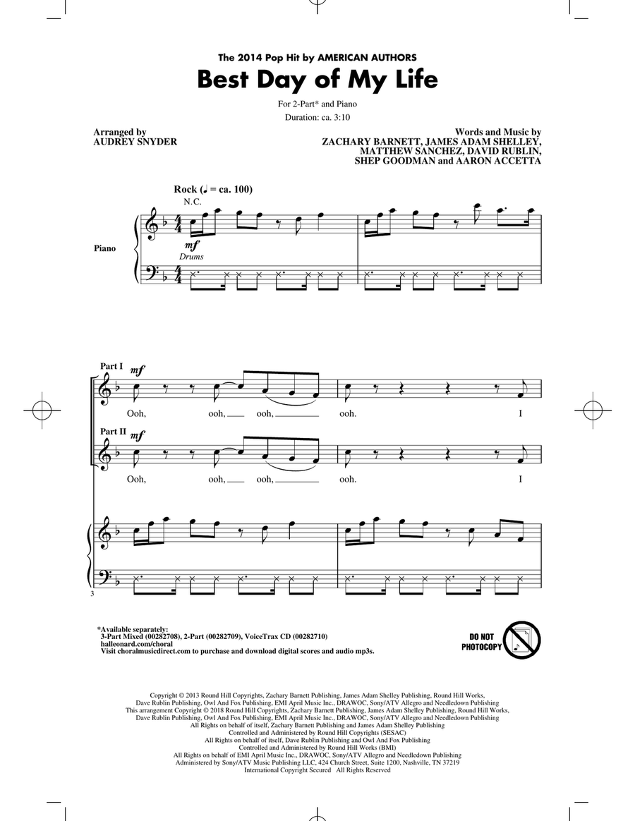 Best Day Of My Life (arr. Audrey Snyder) 2-Part scores gallery preview page 1