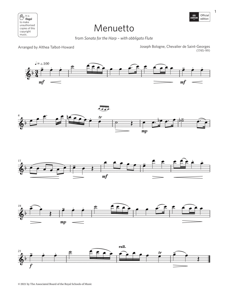 Menuetto from Sonata for the Harp (Grade 2 A5 from the ABRSM Treble Recorder syllabus from 2022) Alto Recorder scores gallery preview page 1