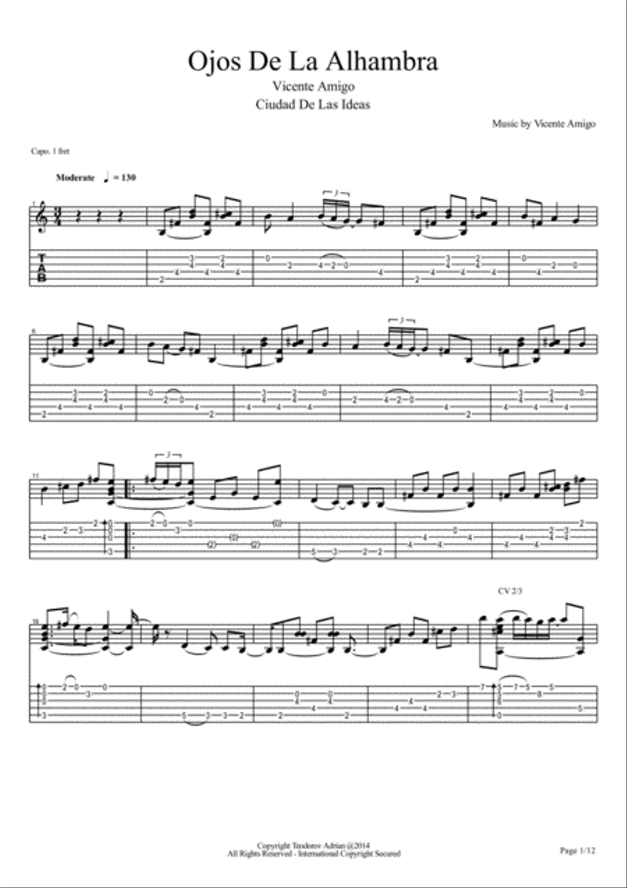 Vicente Amigo - Ciudad de las Ideas - 3 - Ojos De La Alhambra Electric Guitar scores gallery preview page 1