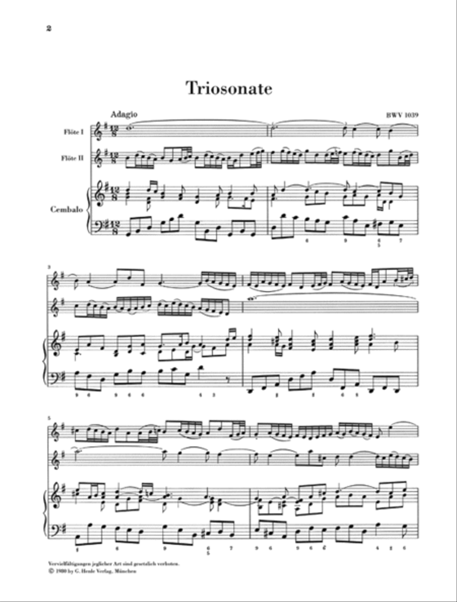 Trio Sonata for two Flutes and Basso Continuo in G major with reconstructed version for two Violins BWV 1039 Flute scores gallery preview page 2
