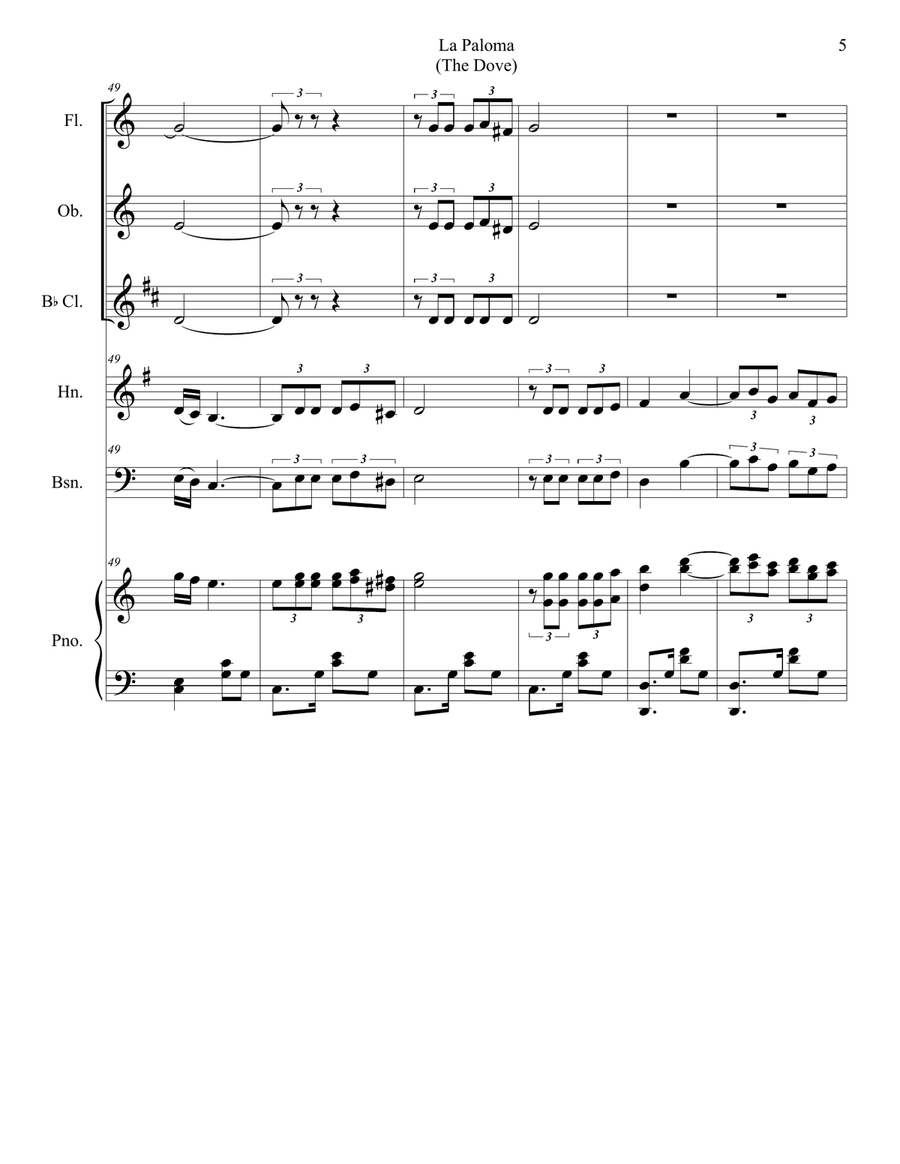 La Paloma (for Woodwind Quintet and Piano) Woodwind Quintet scores gallery preview page 6
