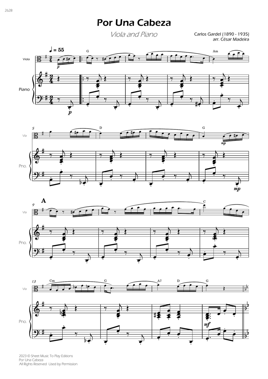 Por Una Cabeza - Viola and Piano - W/Chords (Full Score and Parts) Piano scores gallery preview page 3