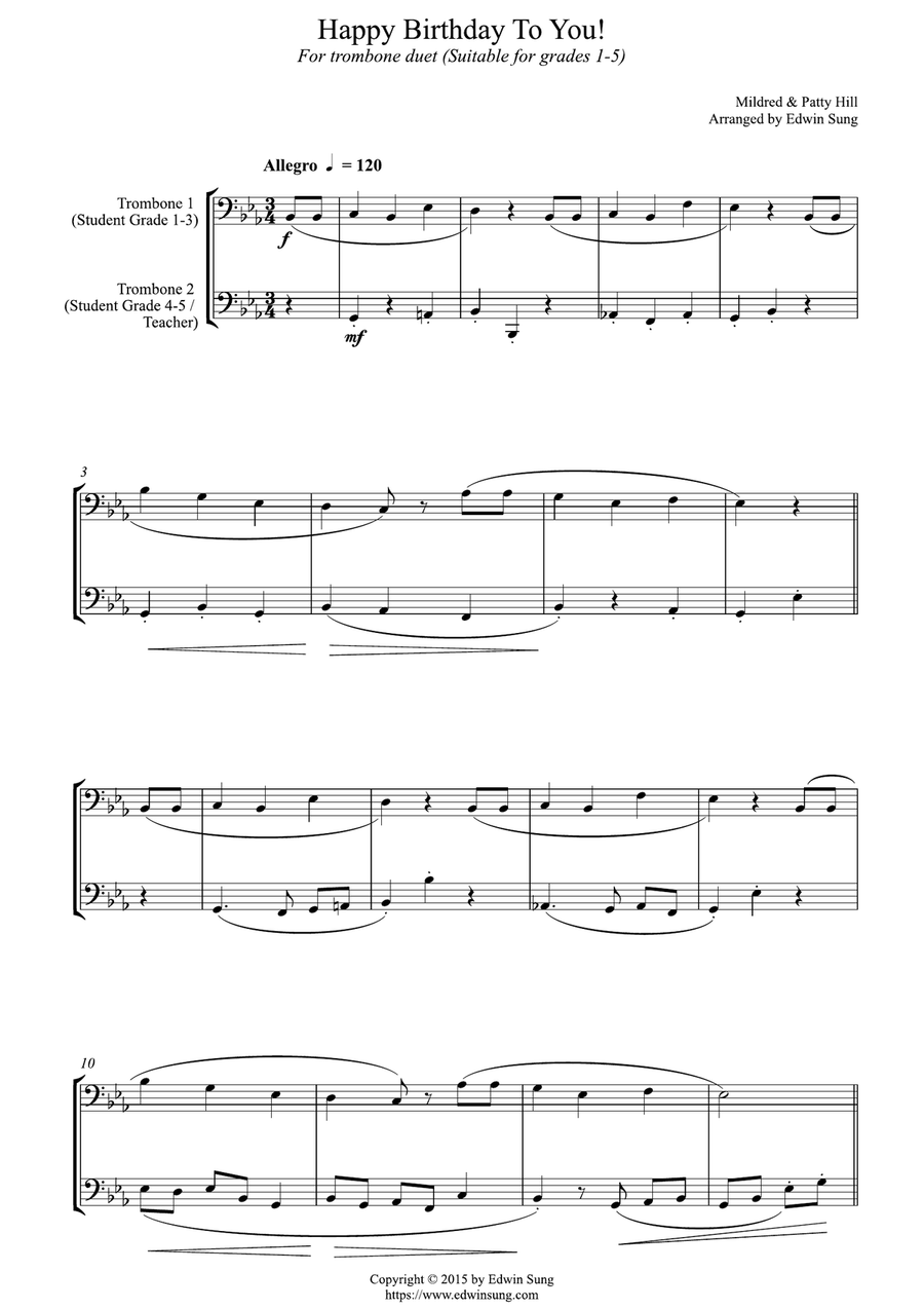 Happy Birthday To You! (for trombone duet (bass clef) duet, suitable for grades 1-5) Trombone Duet scores gallery preview page 1